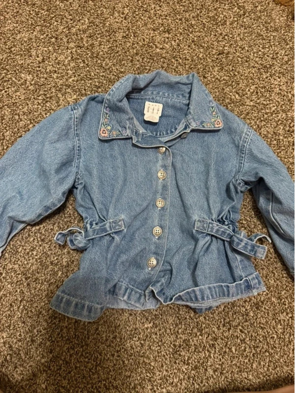 Vintage Girls Denim Peplum Jacket Floral Embroidered Collar